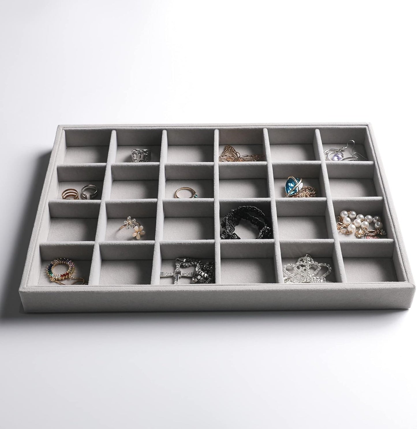 Frebeauty Stackable Velvet Jewelry Organizer Trays for Drawers Inserts Jewelry Storage Tray Display Case Earrings Bracelets Necklace Rings Accessories Trays for Women(Set of 4)(Grey).