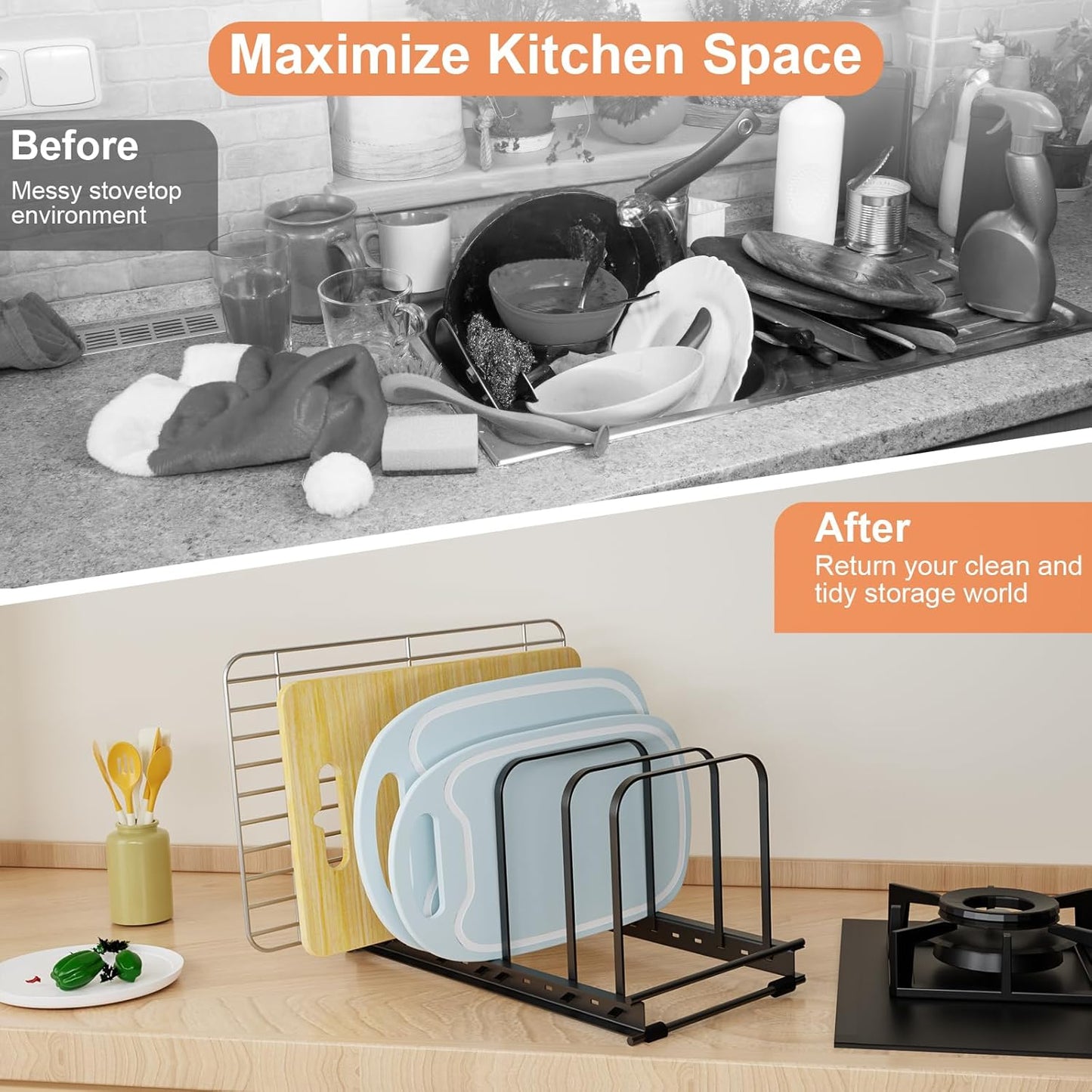 Cutting Board Organizer Rack, 1-Pack Adjustable Bakeware Organizer Holder for Cabinet Countertop, 7 Slots Metal Rack Cookie Baking Sheet, Pot Pan Lids Divider Kitchen Organization Storage, Black