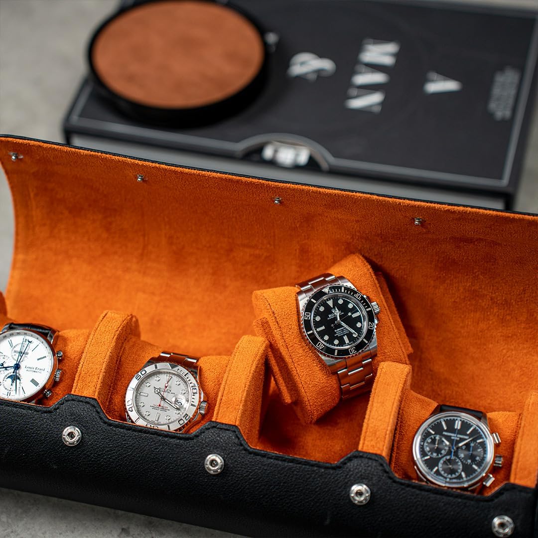 DailyWatch | Watch Roll Travel Case For 4 Watch | Luxury Watch Case In Genuine Black Leather With Soft Velvet Interior | Watch Case Protect, Store, & Display Your Watches | Black Orange
