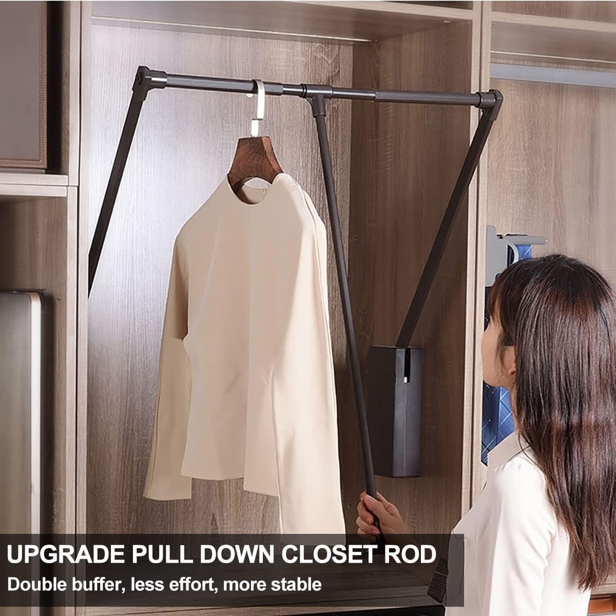Pull Down Closet Rod for Hanging Clothes, Retractable Wardrobe Hanger for Cabinet Inside Width 26"~35", Aluminium alloy Tubing with Plastic Housing, 44 lb Weight Rating