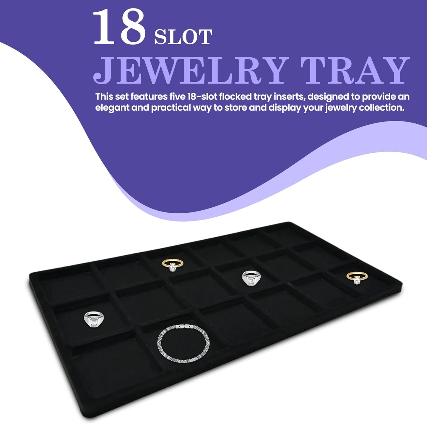 Novel Box 5 Pack 18-Slot Black Liner Jewelry Storage Tray Inserts 14.75x8.25x1 Inches - Jewelry Organizer Pad for Drawers & Store Displays - Jewelry Display Pads for Rings Earrings & Pendants