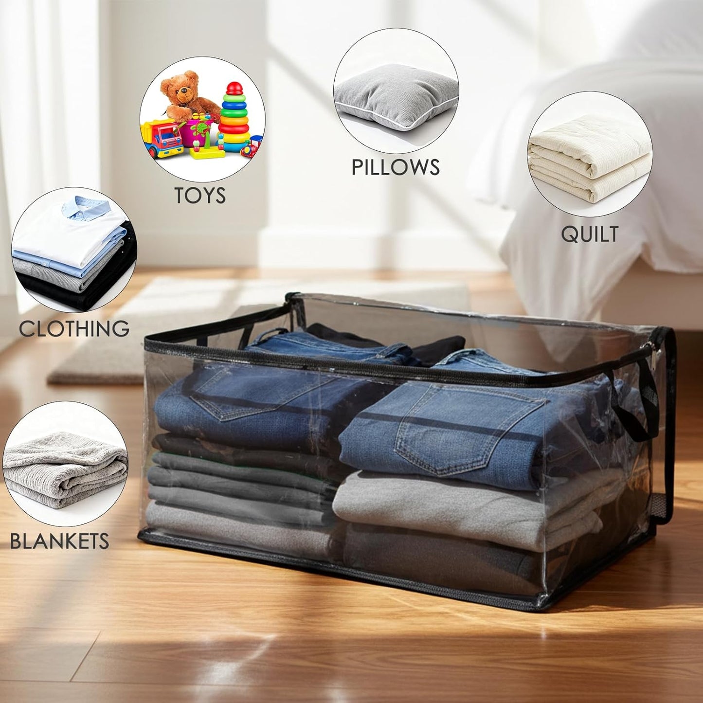 Fixwal 60L Blanket Storage Bags 4 Pack Clothes Storage Bins Foldable Thick Closet Organizers Storage Containers with Reinforced Handle for Clothing, Blanket, Comforters, Pillows(Black,PVC)