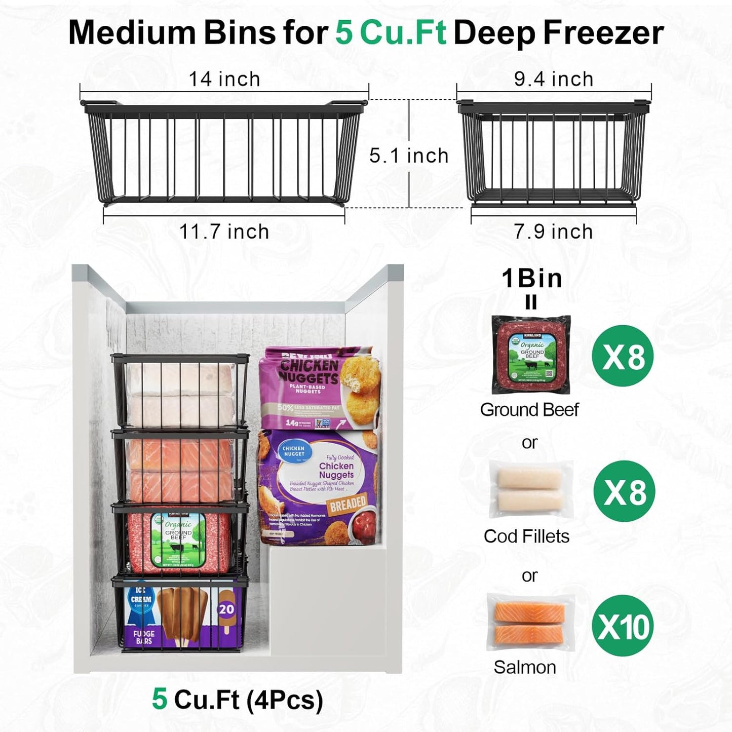 iSPECLE Chest Freezer Organizer - 3 Pack Stackable Deep Freezer Organizer Bins for 5 Cu Ft Freezer Sort Frozen Food, Freezer Organizer Bins Get Food Easily with Handle Add Storage Space, Black