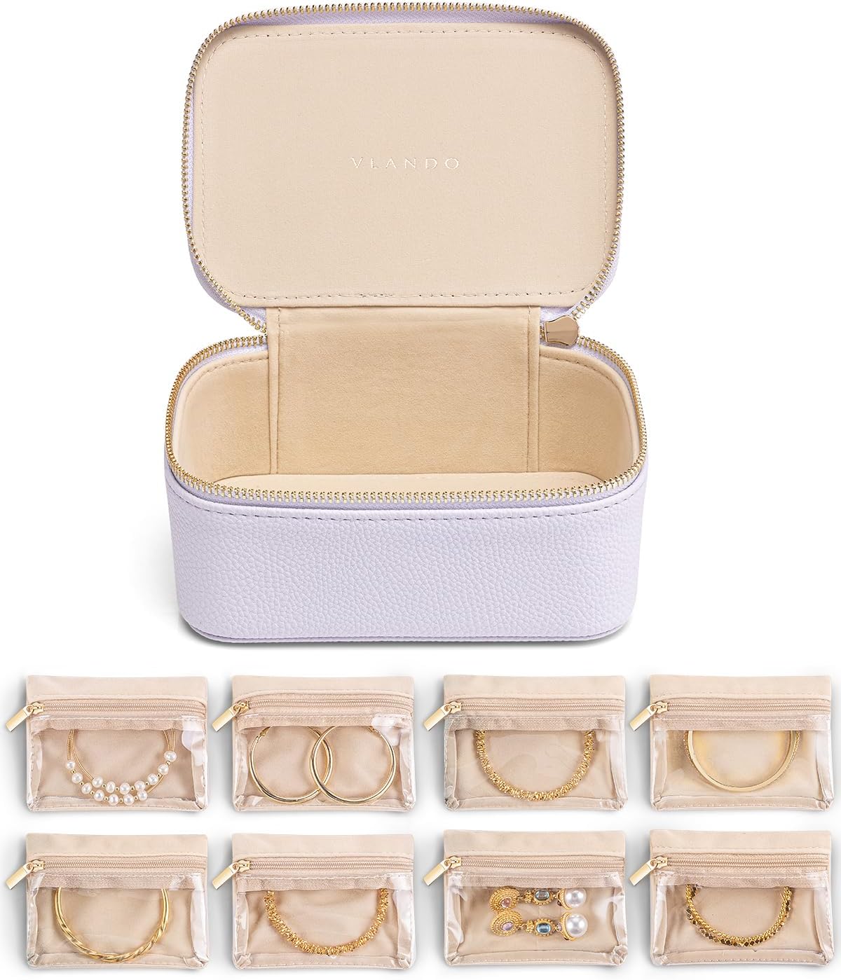 Vlando Travel Jewelry Case with 8 Velvet Jewelry Bags Travel Jewelry Storage Box Jewelry Organizer for Necklace Rings Earrings Teen Girls Gifts Trendy Stuff -Purple