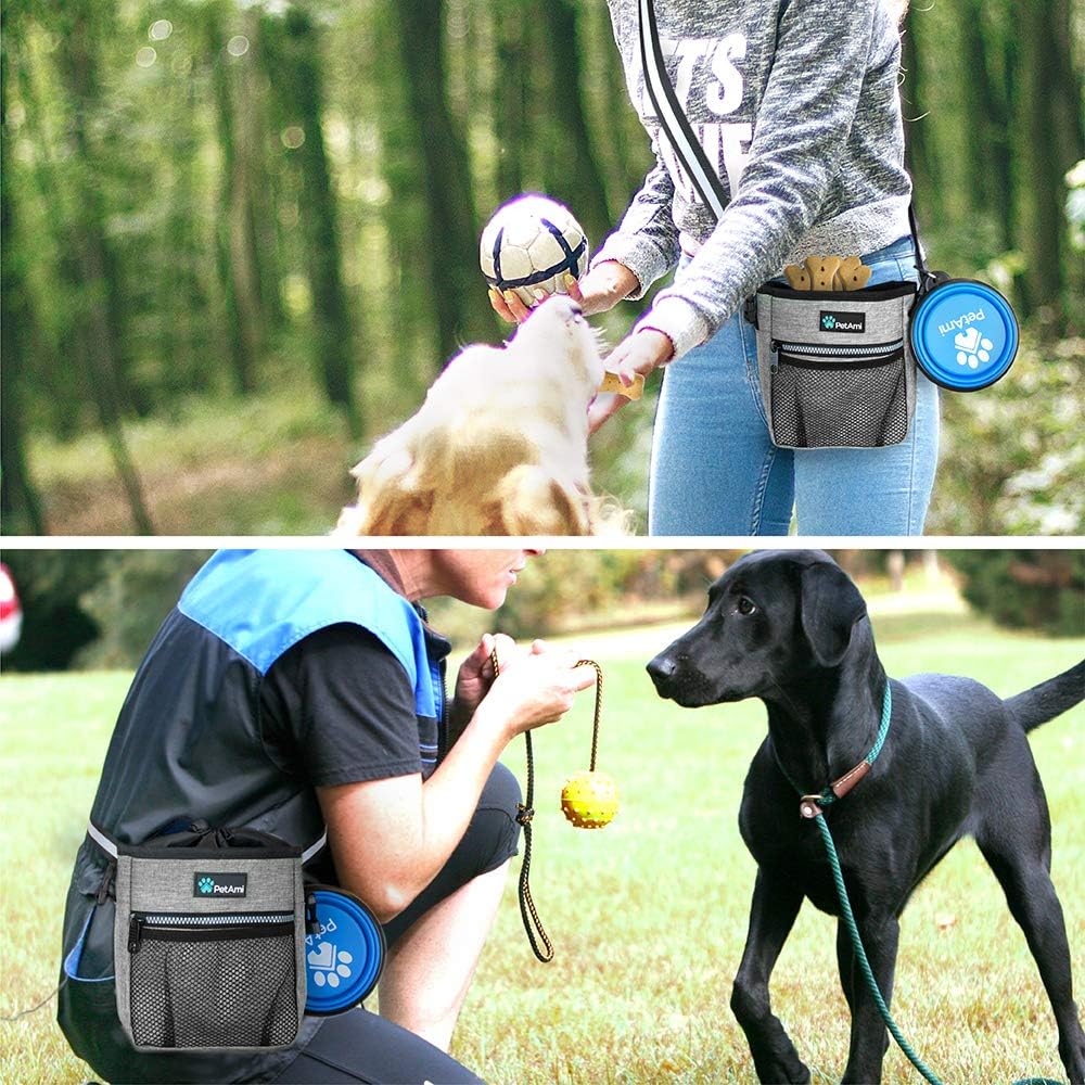 PetAmi Dog Treat Pouch, Pet Treat Pouch for Training, Dog Walking Bag Holder for Kibbles, Pet Food Toy, Dog Trainer Essentials Supplies, Poop Bag Dispenser, 3 Ways to Wear (Heather Gray)