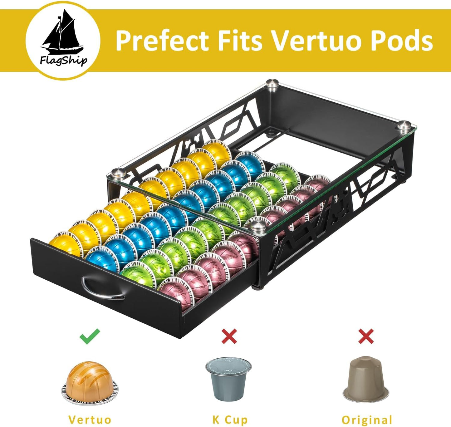 FlagShip Vertuo Pod Holder- Modern Glass Top Coffee Capsule Organizer & Space-Saving Pod Storage for Coffee Machines, Generous 40 Vertuo Pods Capacity