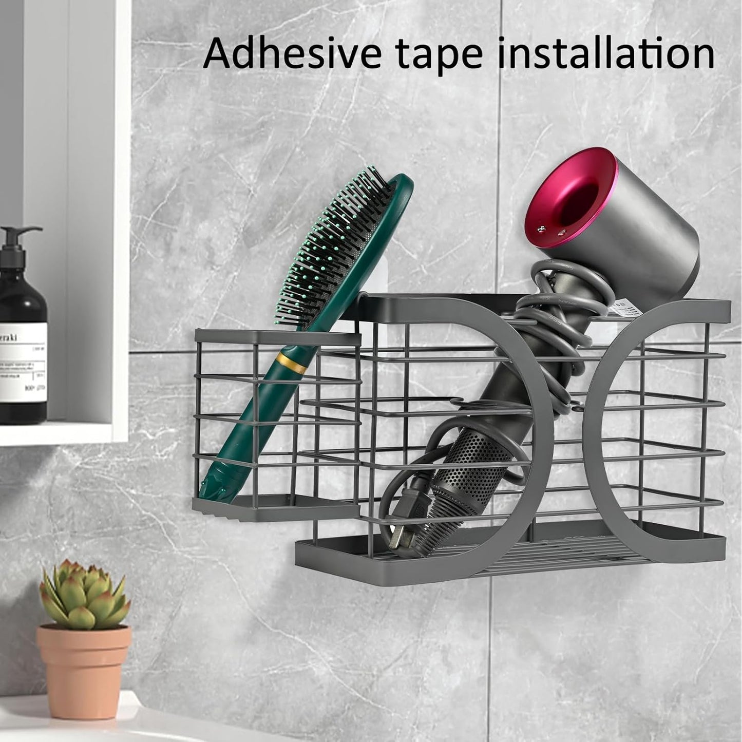 Elegant Black Wall Mounted Hair Dryer Holder - Stylish Bathroom Organiser for Hair Dryer & Straightener, Hair Brush & Accessories