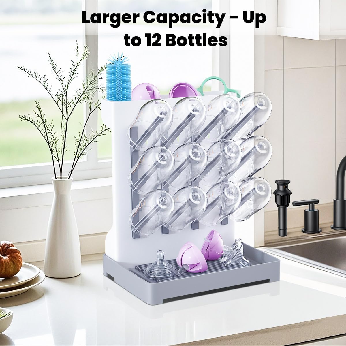 Baby Bottle Drying Rack: Vertical Space Saving Large Bottles Holder - Standing Boon Dryer Rack Baby Accessory - Countertop Holds Up to 12 Bottles & Pump Part Cleaning & Cup (Blue) (Gray)