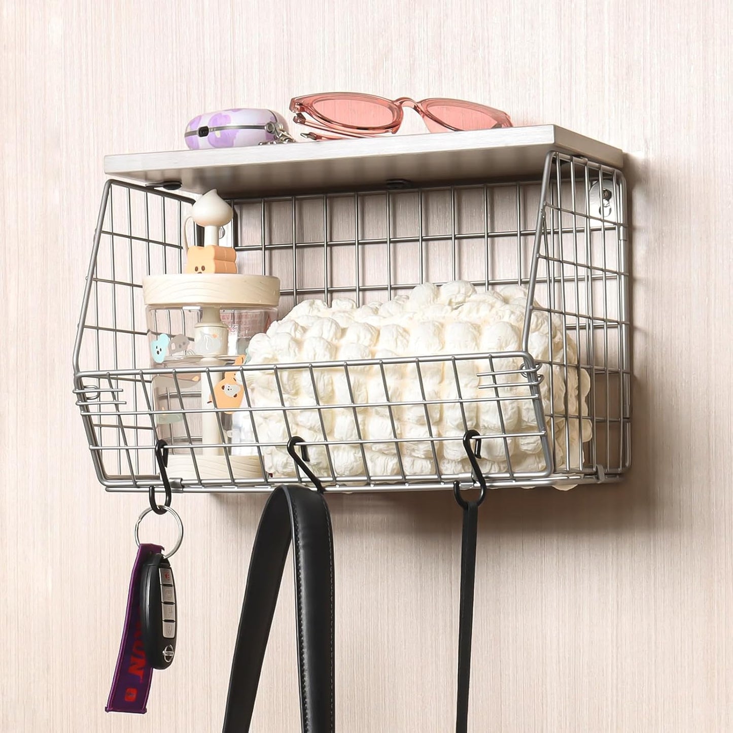 2pcs Silver Fruit Basket, Stackable Wall Mounted Pantry Organizers and Storage Basket with Wood Lid Top - Kitchen Hanging Wire Basket for Storage Bread, Cans, Snack, Fruit, Vegetable