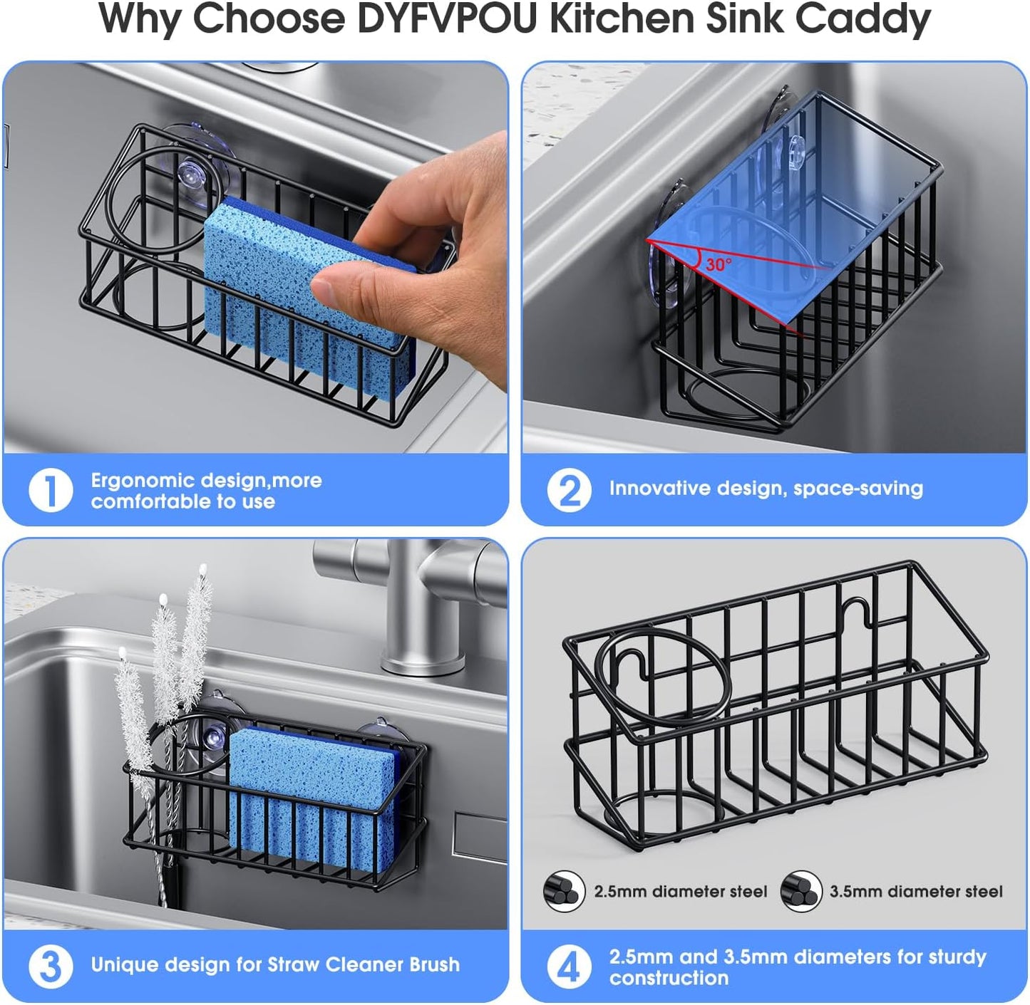 Kitchen Sink Organizer, Strong Adhesive Mount Detachable Sponge Holder for Kitchen & Bathroom Sink with Extra Suction Cups, Holds Sponges, Dish Brushes, Scrubbing Pads