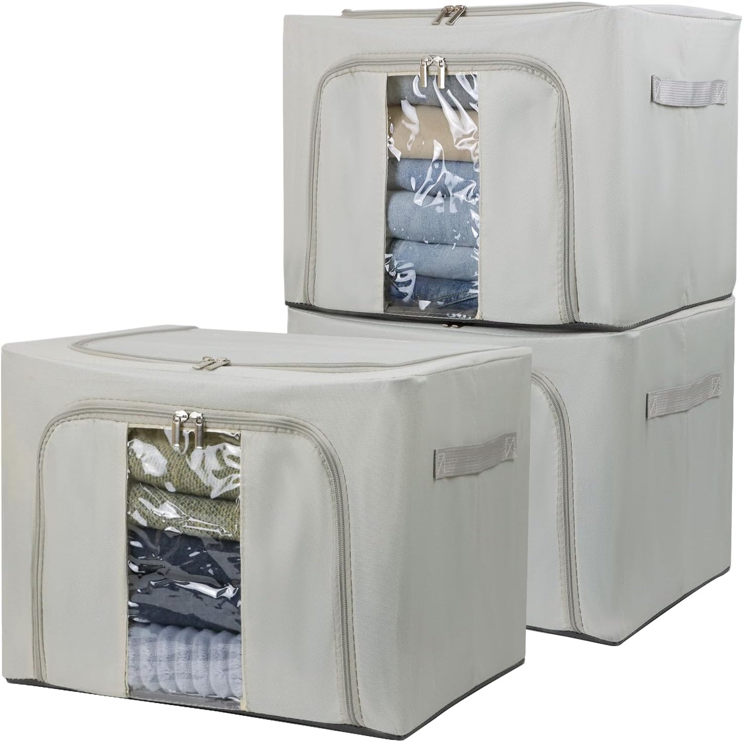 36L Clothes Storage Bins with Metal Frame, 3 Pcs Stackable Clothing Storage Boxes Containers with Lids, Foldable Oxford Fabric Clothes Organizer Bags Closet Organizers Organizing Bin for Sheet