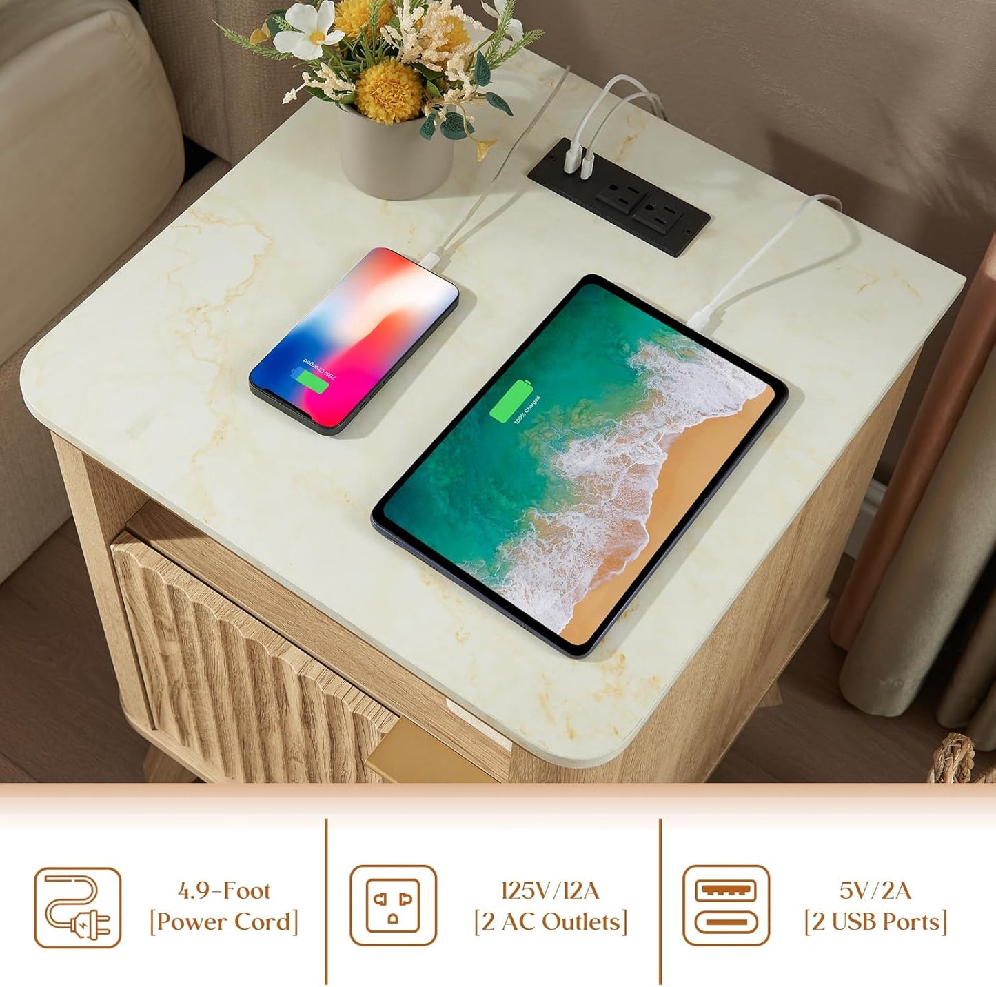 QUW Fluted Nightstands Set of 2 with Charging Station, 18" Modern Side Table, Wooden Bedside Table with Faux Marble Top, Open Storage, Cabinet, End Table for Bedroom, Living Room, Natural Oak