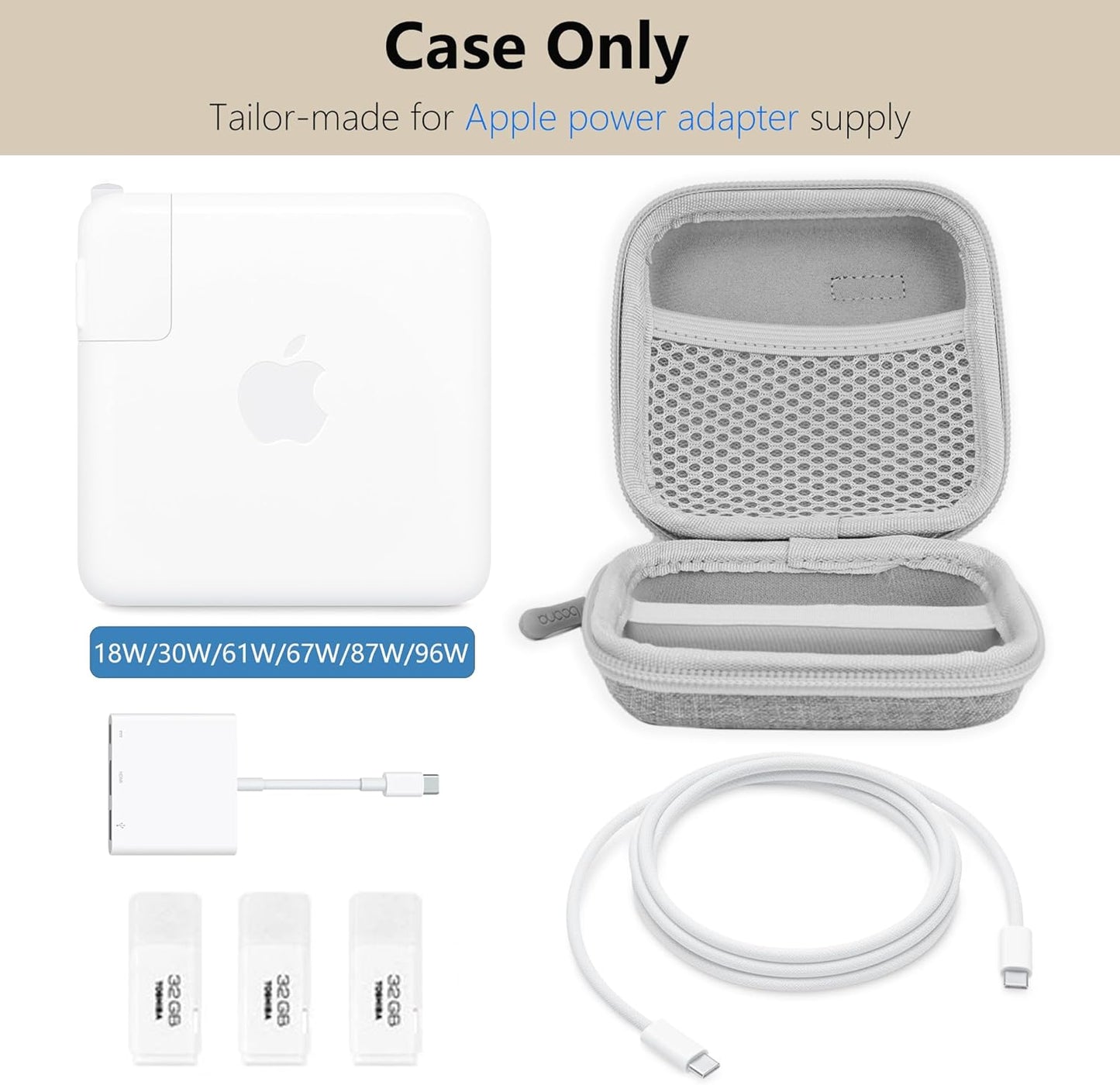 Charger Case for Macbook, Portable Tech Electronic Organizer Bag, Travel Storage Pouch for Laptop Accessories, MacBook Power Adapter, Charging Cords, USB, Power Bank (Grey-Oxford, M)