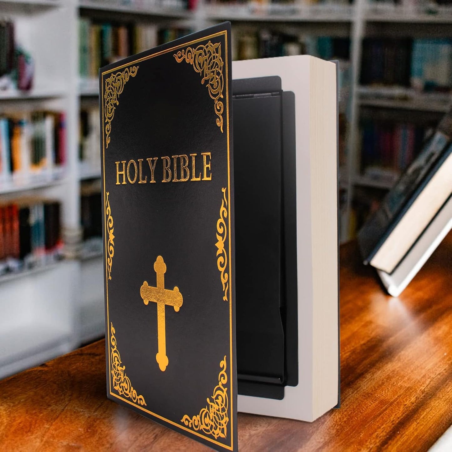 Leather Book Safe (Size 10.79"×7.72"×1.97") Real Paper Secret for Jewelry, Money and Cash, Diversion Book Safe,Hollow with Hidden, Key Lock (L, Bible-Key)