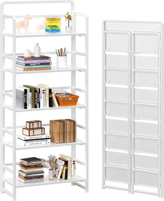 4NM No Assembly 5 Tiers Folding Bookshelf Storage Shelves Vintage Bookcase Standing Racks Study Organizer Home Office (All White)