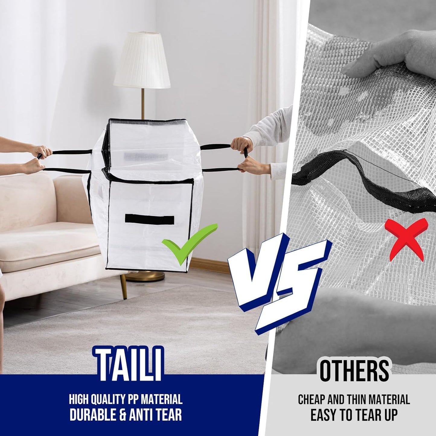 TAILI Extra Large Moving Bags, 4 Pack Clear Heavy Duty Totes for Storage with Visible Window, Wrap Around Handles, Storage Bags for Space Saving, Alternative to Moving Boxes