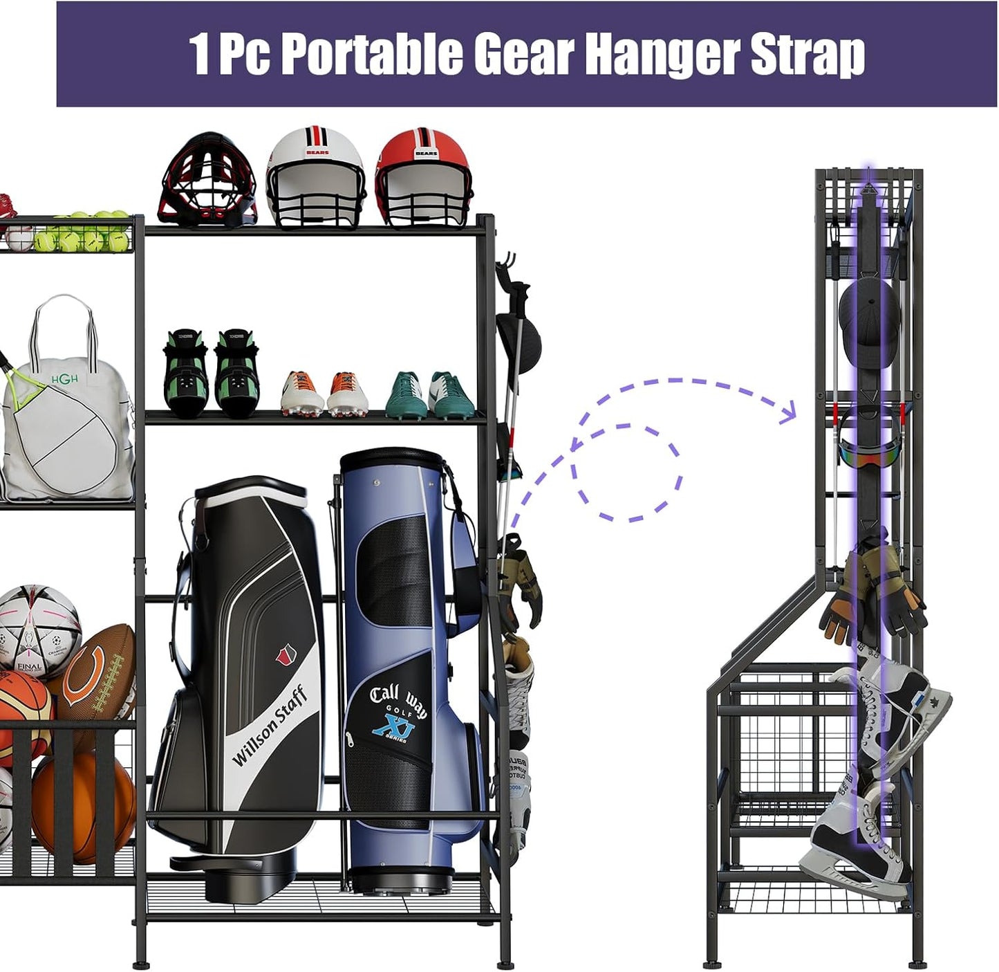 Sports Equipment Organizer, Heavy Duty Golf Bags Stand, Extra Large Ball Storage Rack for Garage