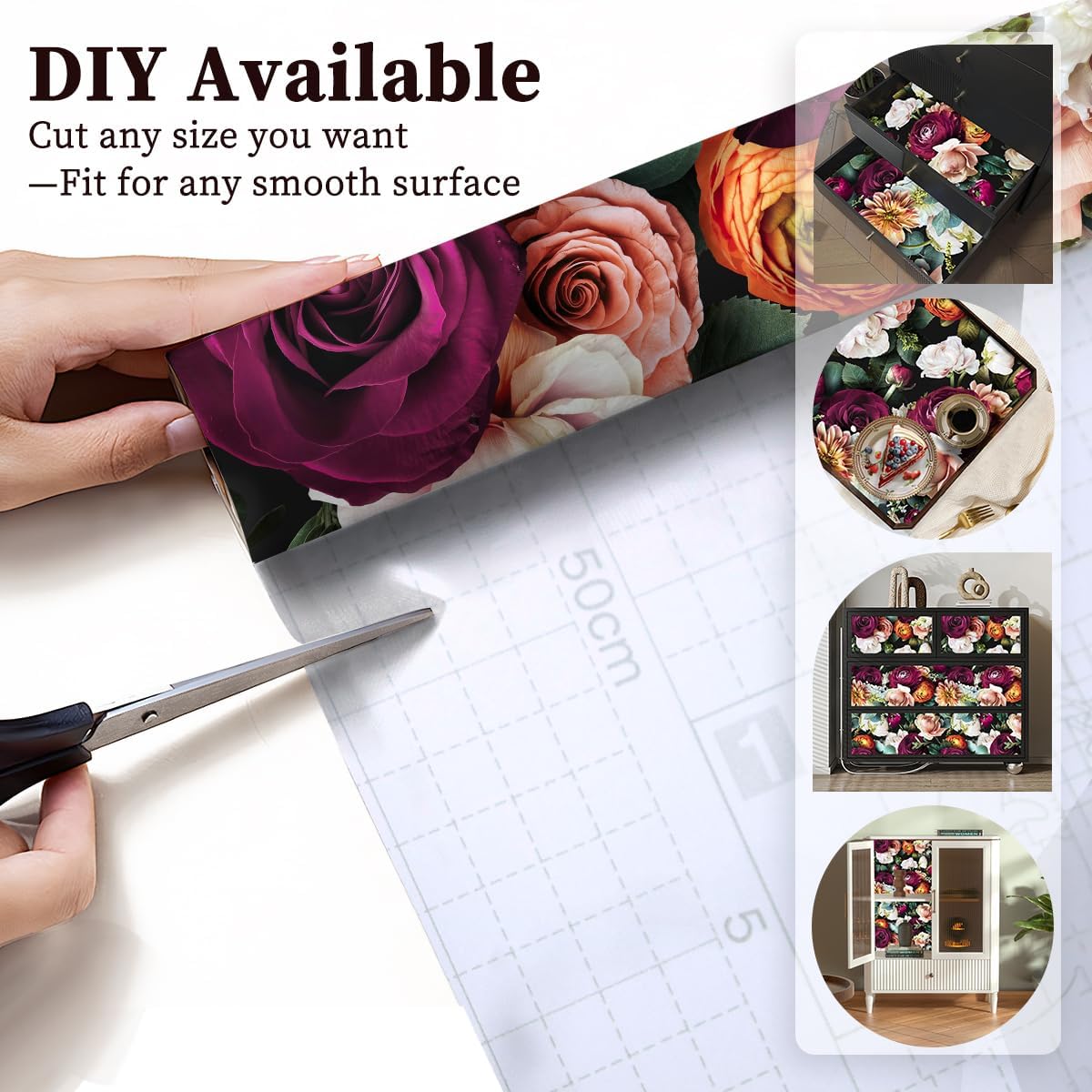 Floralplus Shelf and Cabinet Liner Self Adhesive Drawer Liner Waterproof Peel and Stick Contact Paper for Kitchen Vintage Floral Liners Wallpaper for Cupboard Dresser 17.7 x 78.7 in