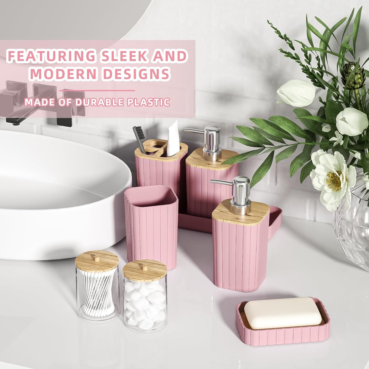 Bathroom Accessories Set - 25PC Pink Bathroom Set, Bathroom Set with Shower Curtain and Rugs, Pink Shower Curtain Set, Toilet Brush, Bathroom Trash Can