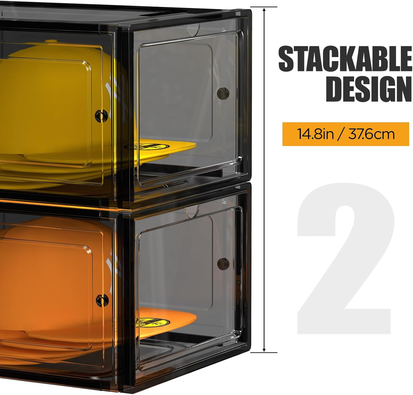 Hat Organizer Box, Stackable Clear Baseball Caps Holder Box Containers with Magnetic Door for Hats Snapback Cap Storag, Hat Rack Display Case, Holds 8 Hats Each (Black, 4 Pack)