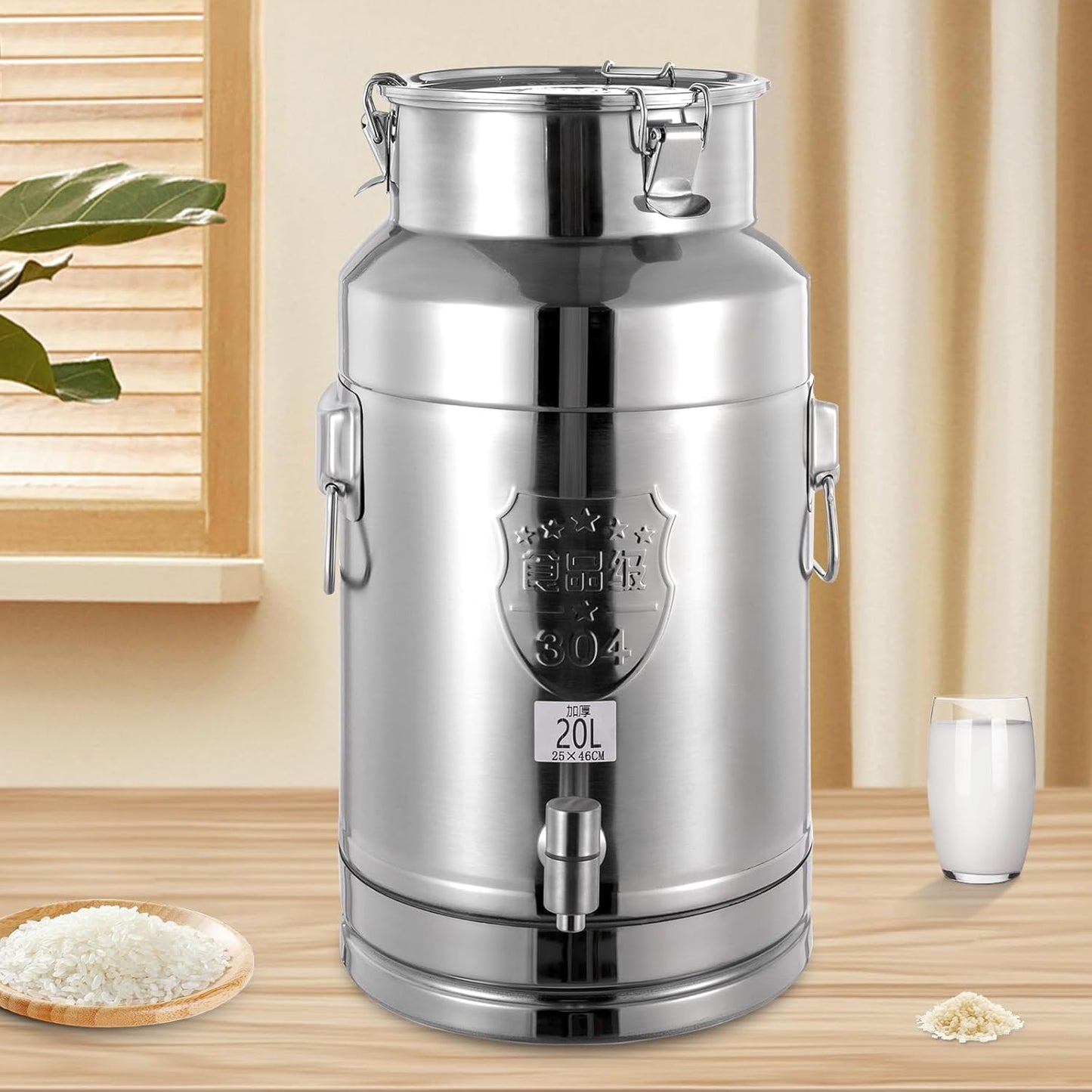 Milk Can Barrel Stainless Steel Beverage Drink Dispenser Large Capacity Storage Bucket Container with Faucet and Handles for Milk Coffee Wine Oil Rice Cereals Water (20L/5.28Gal)