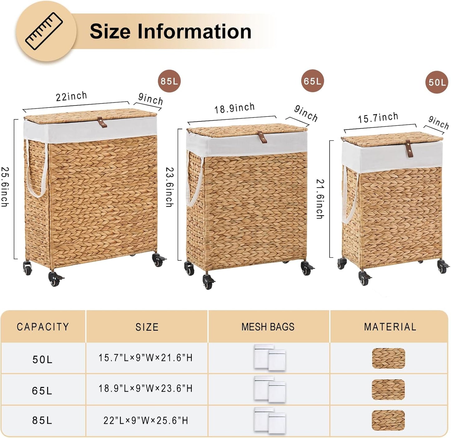 Rolling Laundry Hamper with Lid and Wheels, Slim Laundry Basket with Removable Liner Bag & 2 Mesh Bags, Handwoven Water Hyacinth Clothes Hamper for Bedroom Bathroom (Natural, 65L)