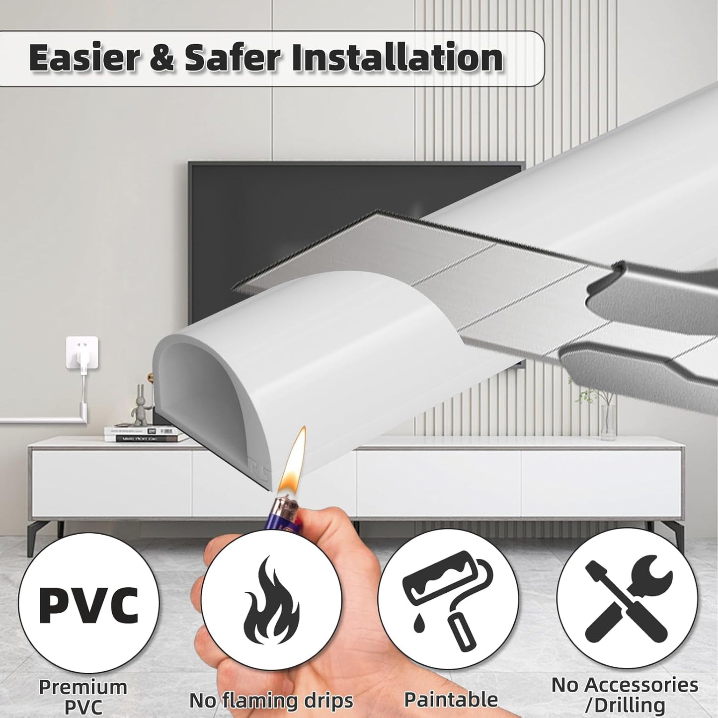 78" Side Buckle Cable Hider for 1 Cords,Extension Cord Covers for Wires On Wall,Adhesive Cord Hider for Wall Mount Tv, Wire Channel for Cable Concealer,Cable Raceway Home & Office,White