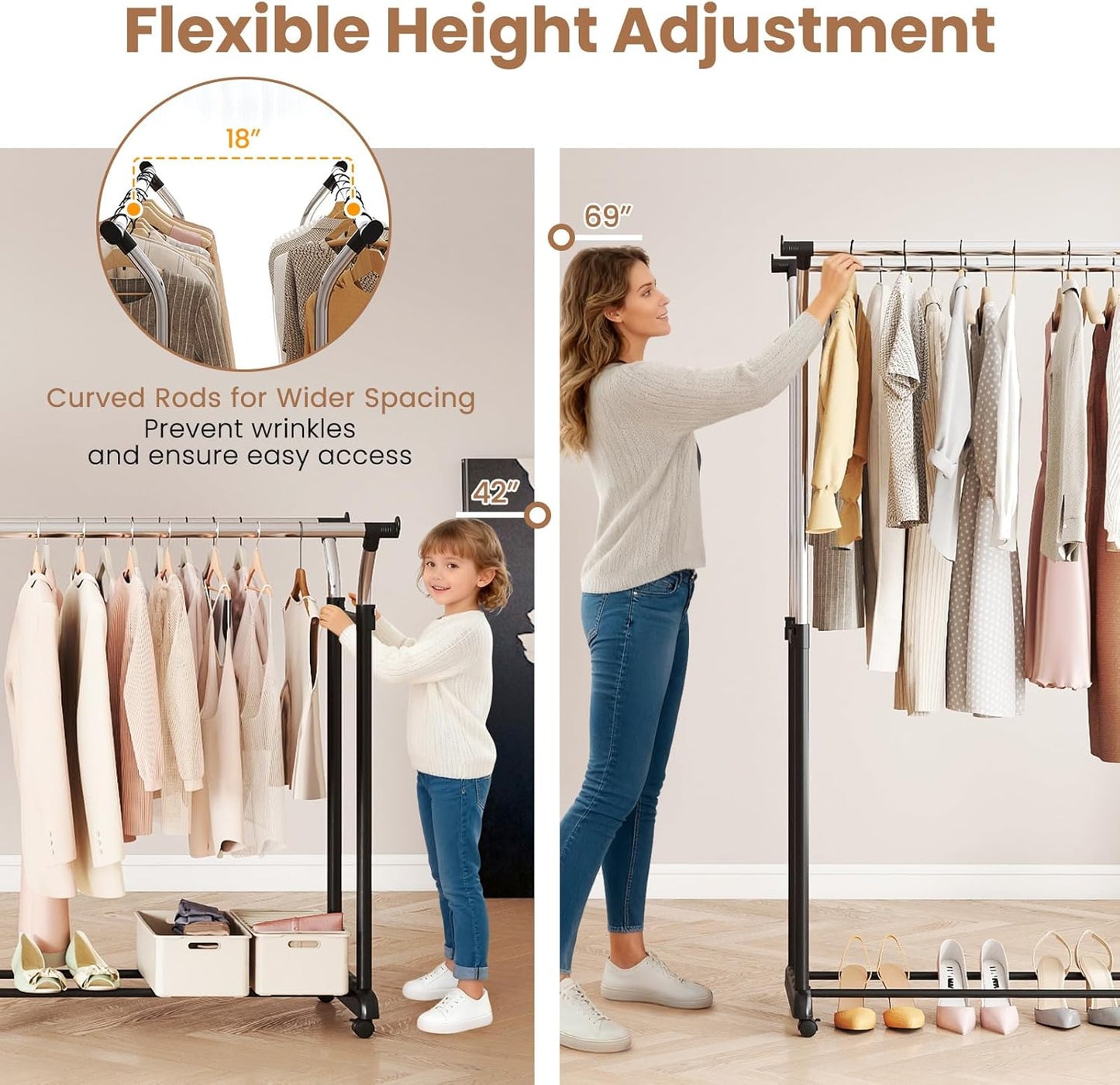 COSTWAY Double Rod Clothing Rack, Rolling Garment Rack with Shelf, Wheels, Adjustable Height Heavy Duty Metal Clothes Racks for Hanging Clothes for Dressing Room, Laundry, Living Room