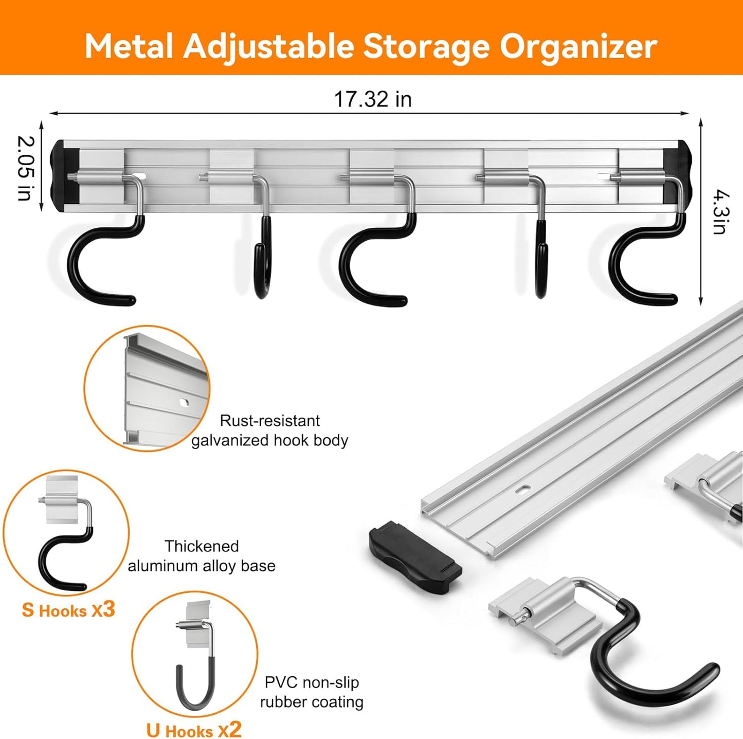 69'' Aluminum Alloy Garden Tool Organizer Wall Mount Garage Organizers and Storage with Hooks Tool Hangers for Shed Hooks for Shovel, Rake, Broom & More