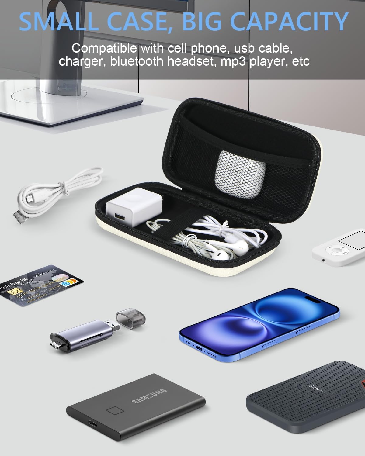 GLCON Off White Small Travel Electronic Organizer Case - Universal Hard Carrying Case Portable Storage Pouch Bag for Tech Accessories, Cable, Cord, MP3 Players, Card, Car Key Cash, SD Card