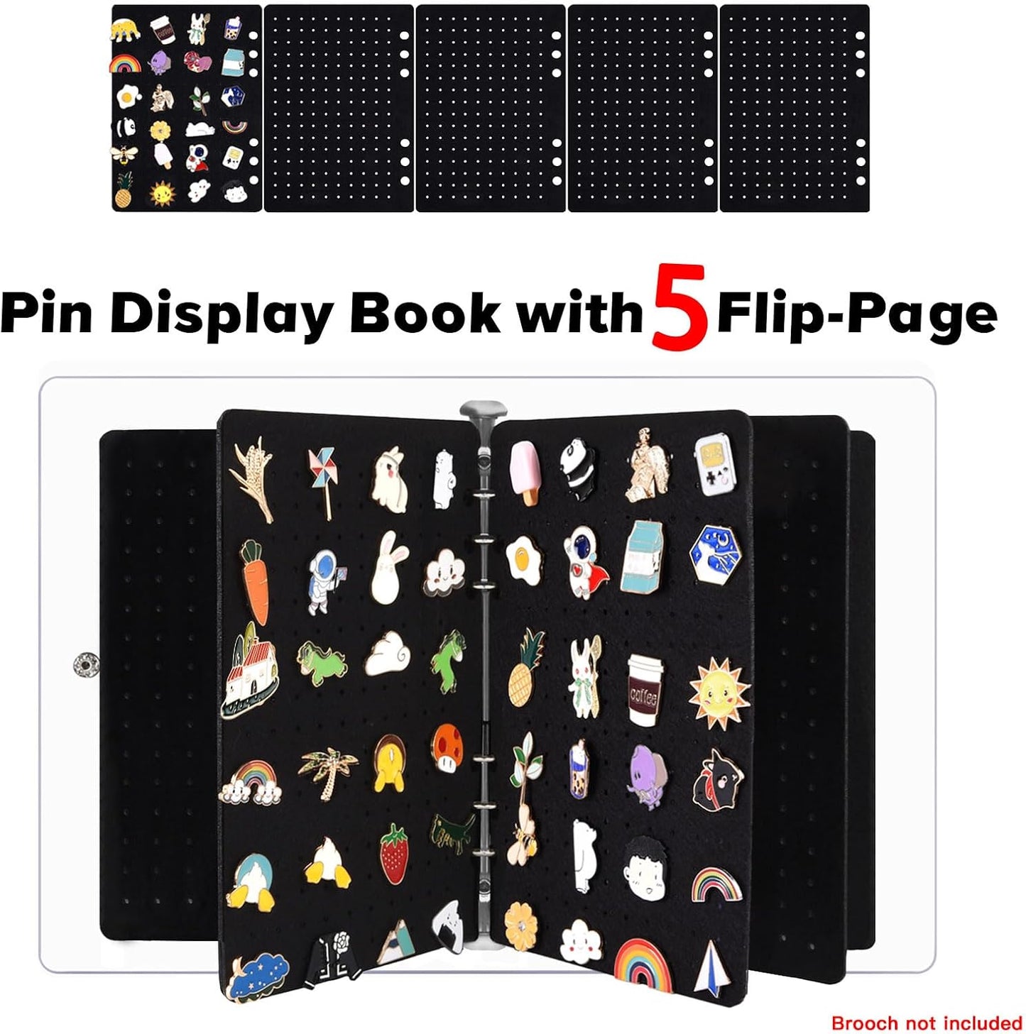 5 Pages A5 Enamel Pin Display Book, Pins Collection Storage Organizer Book,Clear PVC Cover, Portable Travel Pin Display Book for Brooch Collectors (Not Include Accessories).Black