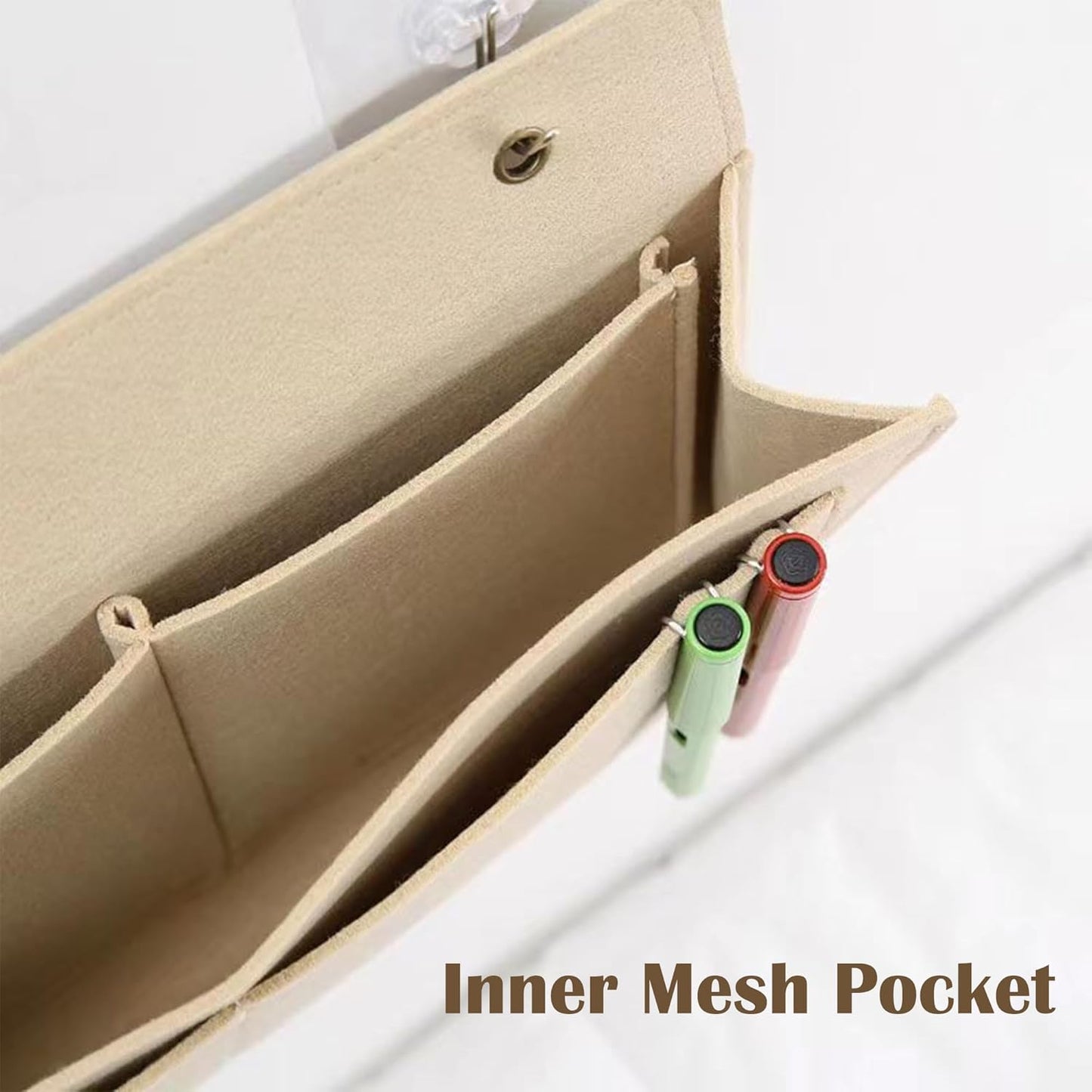 Bedside Caddy, 5 Pockets Felt Bedside Storage Organizer, Hanging Storage Organizer for Home Bedroom Living Room College Dorm Bed Water Bottles, Magazines, Phone, Glasses (Beige)