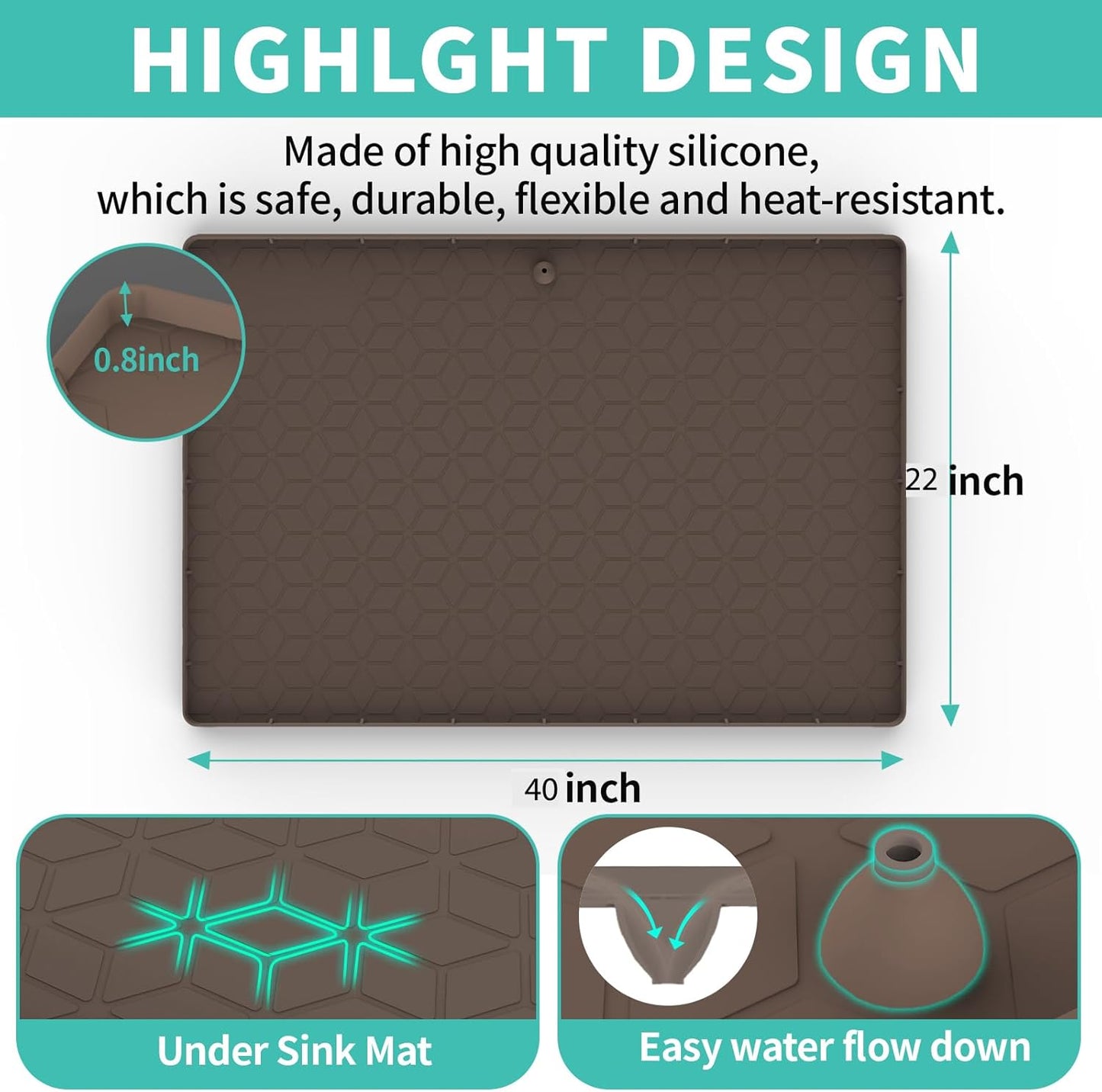 Under Sink Mat for Kitchen, Silicone Waterproof Liner, Flexible Organizer Tray with Drain Hole, 3.7 Gallons Capacity, Easy to Clean