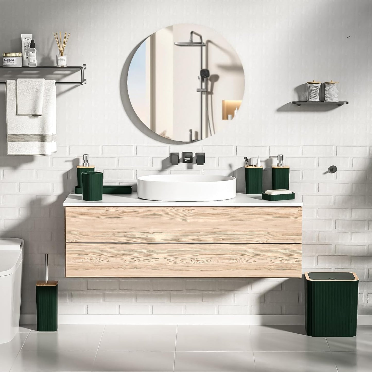 Bathroom Set - Elegant Green Bathroom Set, 10PC Green Bathroom Accessories Set, Bathroom Sets with Toilet Brush, Bathroom Trash Can