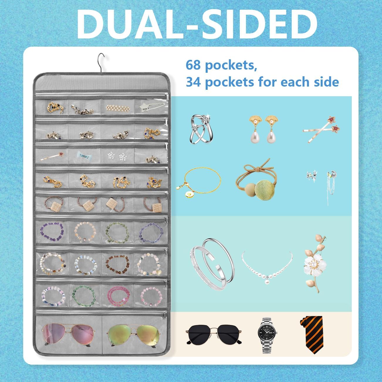 Travel Jewelry Organizer Dual Sided Hanging Earring Holder Bracelet Storage Rolls Rings Display Case with 68 Zippered Pockets (GREY)