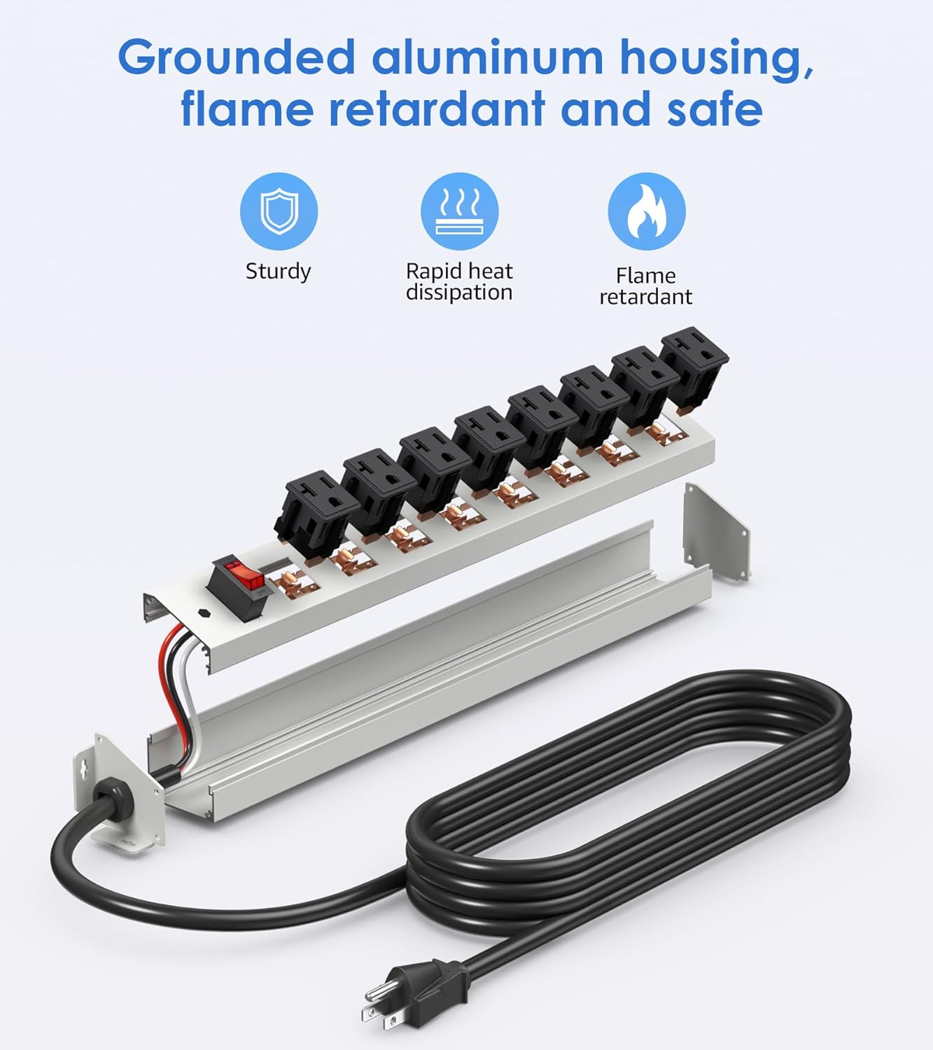 CCCEI Corner Mount Angle Power Strip, Under Cabinet Heavy Duty 8 Outlets Power Strip 20Amp, Metal Underneath Desk Plug Surge Protector, Wall Mountable, for Garage, Shop, Kitchen. 6FT Extension Cord.