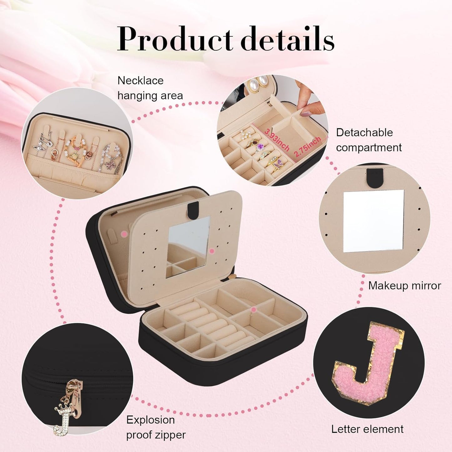 TopPerfekt Travel Jewelry Case, Jewelry Box with Mirror, Jewelry Organizer Bridal Shower Gifts to Her, Earring Storage Travel Case, Trendy Gift for Women and Girls, Girlfriend-Letter J, Black