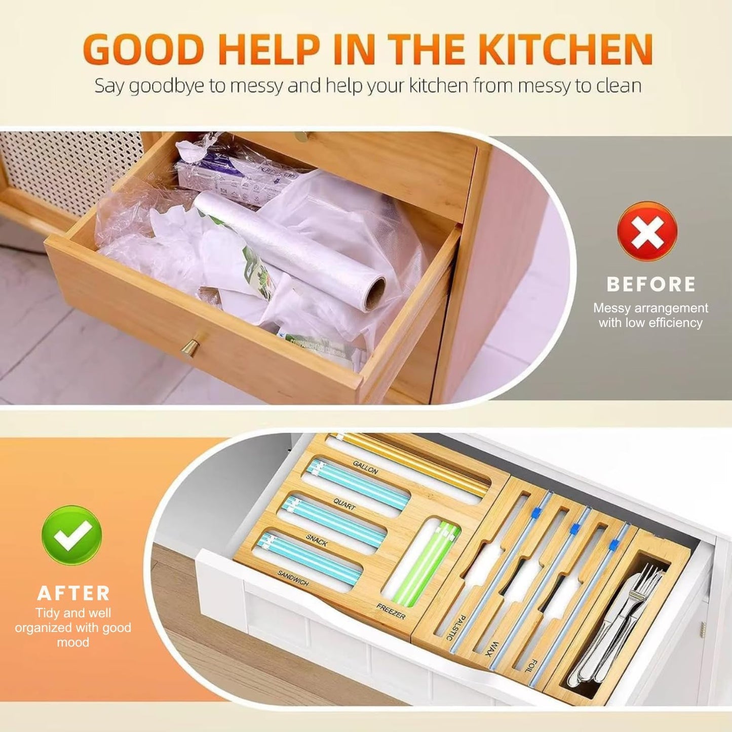 9 IN 1 Storage Bag Organizer for Kitchen Drawer, Bamboo Foil and Plastic Wrap with Cutter, Organizers Compatible Gallon, Quart, Sandwich Snack Size