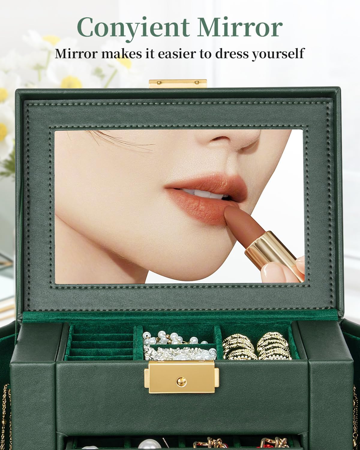 TORIBIO Jewelry Box for Women, Leather Jewelry Organizer with Mirror & Lock, 3-Tier Jewelry Storage Organizer with 2 Drawers for Girls/Women/Mothers, Necklace Earring Bracelets Holder Organizer