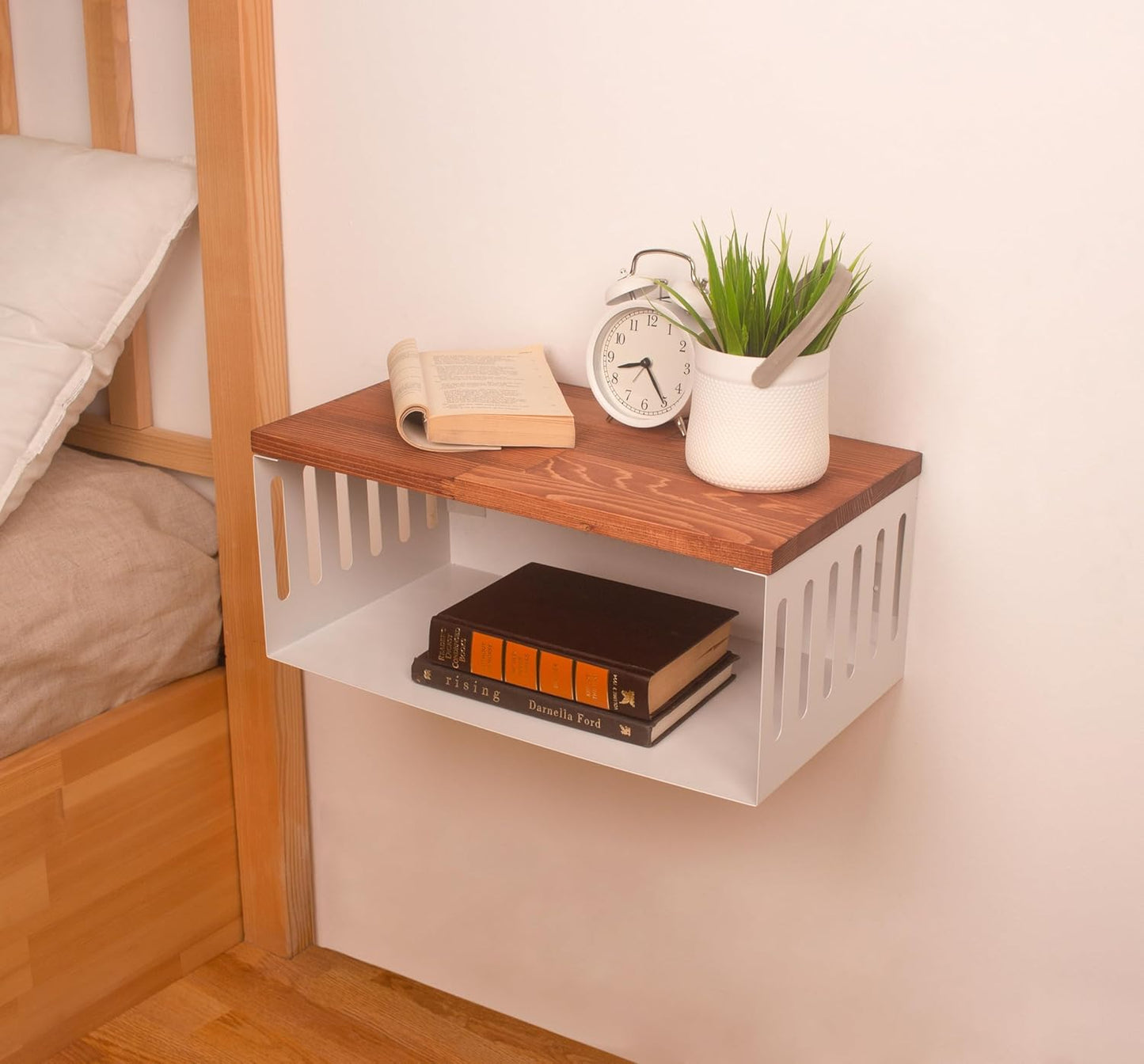 Floating Nightstand with White Metal Base, Wooden Top and Sturdy Metal Base, Minimalist Bedside Table, Wall Mounted Shelf, Bedside Shelf (Paris)