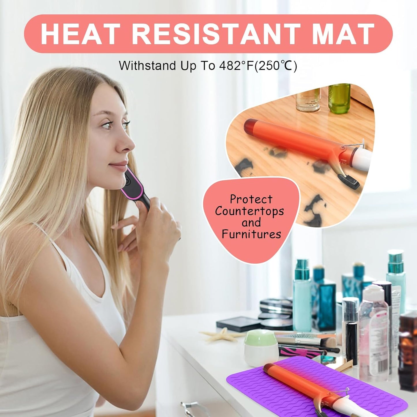 Plus Size Silicone Heat Resistant Mat, Portable Travel Hot Tools Pad Cover for Curling Iron, Flat Iron, Hair Straightener and Other Hair Styling Tools(12.0" x 9.0")