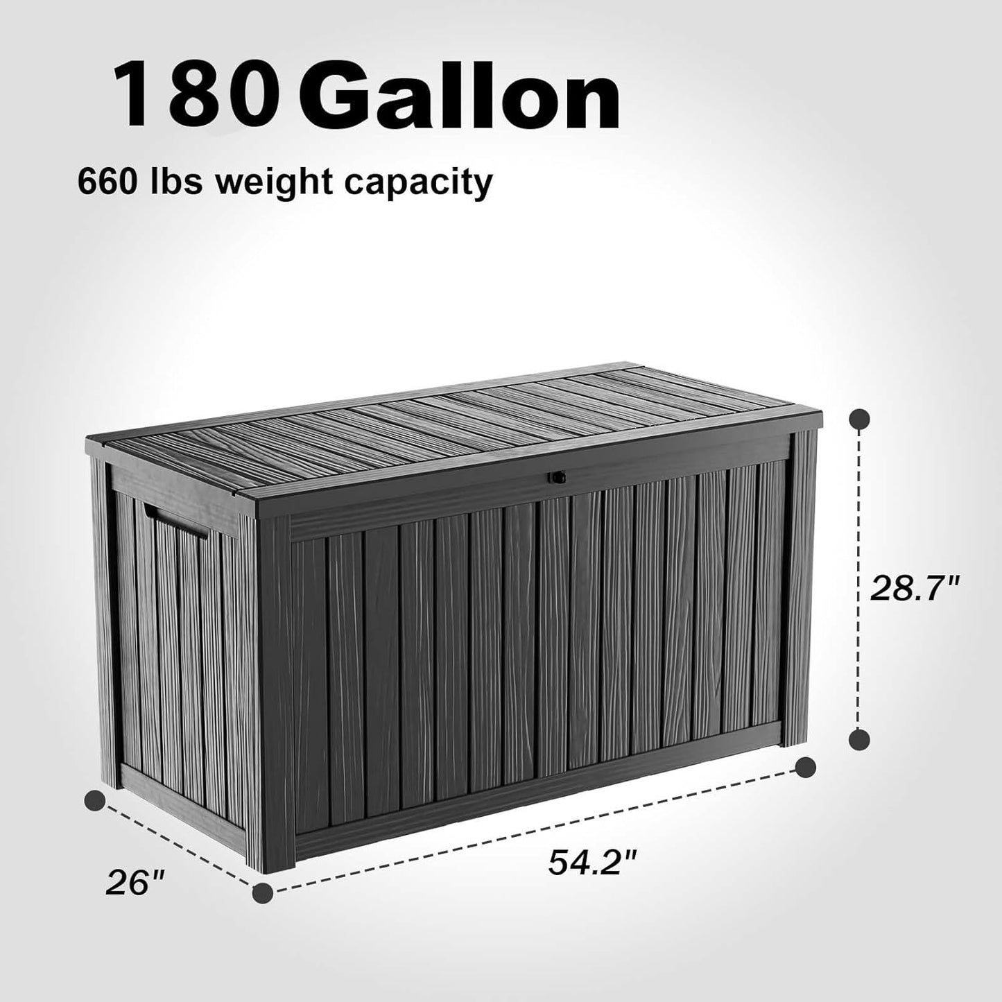 180 Gallon Resin Deck Box, Lockable Patio Outdoor Storage Box for Furniture, Garden Tools and Tools Storage, Waterproof Outside Storage Boxes - Black