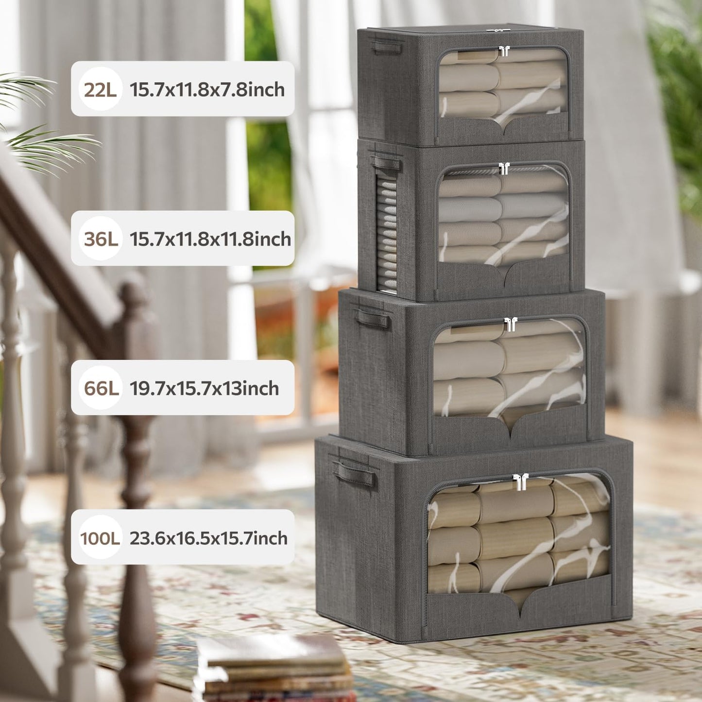 FHSQX 3 Pack Clothes Storage Bins Foldable Metal Frame Storage Box Stackable Linen Fabric Organizer Set with Carrying Handles and Clear Window (Dark Gray, 15.7x11.8x11.8inch(36L))