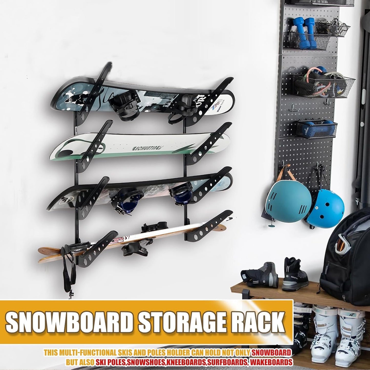 Snowboard Wall Racks, Adjustable Storage Rack for Ski, Surfboard, Wakeboard, Snowboard Wall Mount Display, White/Black