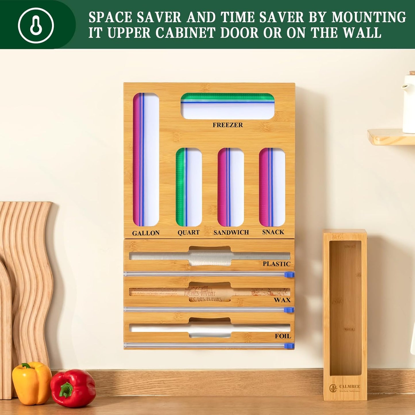 Calmbee 9 IN 1 Storage Bag Organizer for Kitchen Drawer, Bamboo Foil and Plastic Wrap with Cutter, Organizers Compatible Gallon, Quart, Sandwich Snack Size