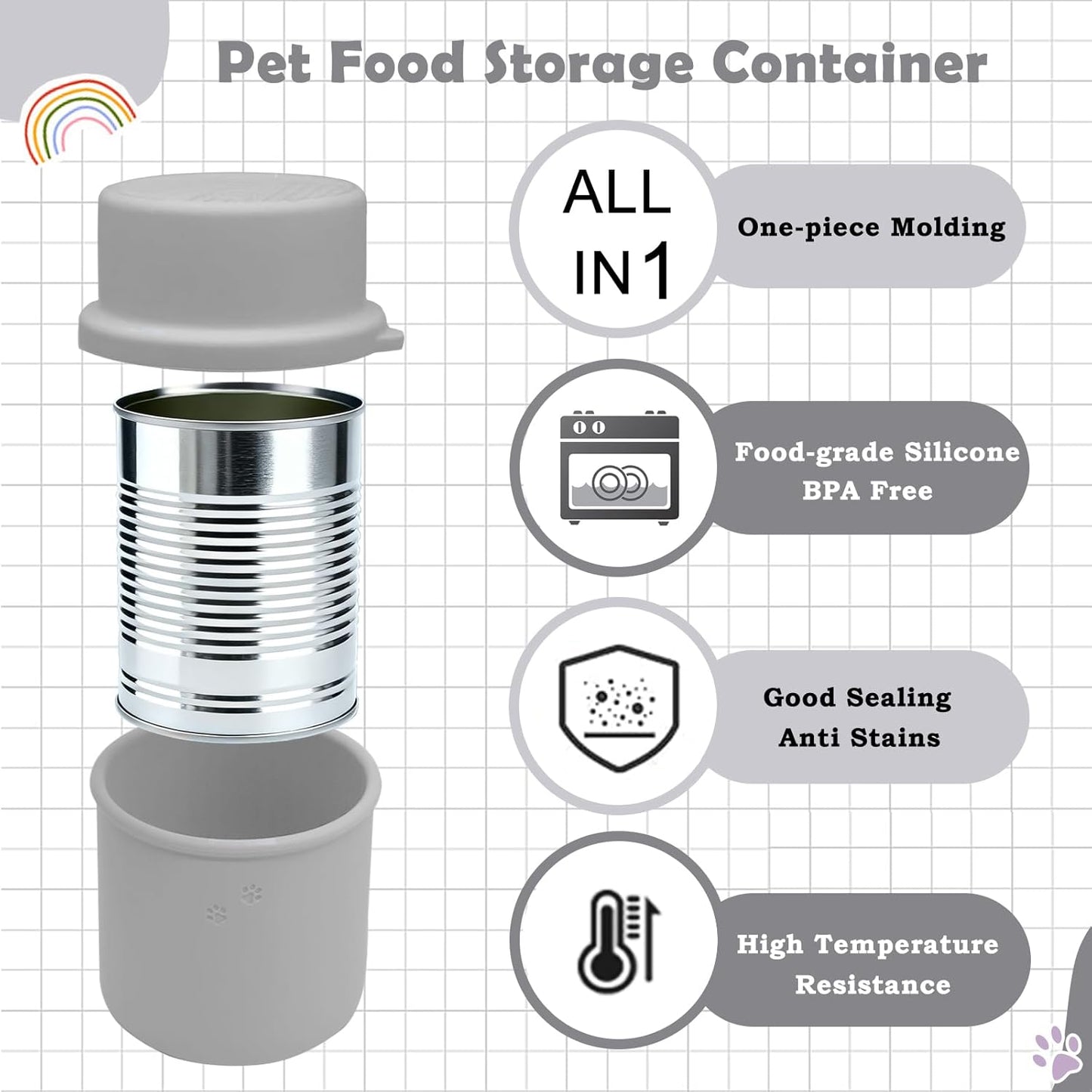 Original Canned Dog Food Storage Container | Silicone Can Cover Pet Food Sealer | BPA Free, Airtight, Dishwasher & Freezer Safe (Grey)