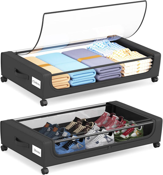 Large Under Bed Storage with Wheels, Under Bed Storage Containers, Under Bed Shoe Storage Organizer, Rolling Underbed Storage Containers for Bedroom Clothes Shoes Blankets, 2 Pack, Black