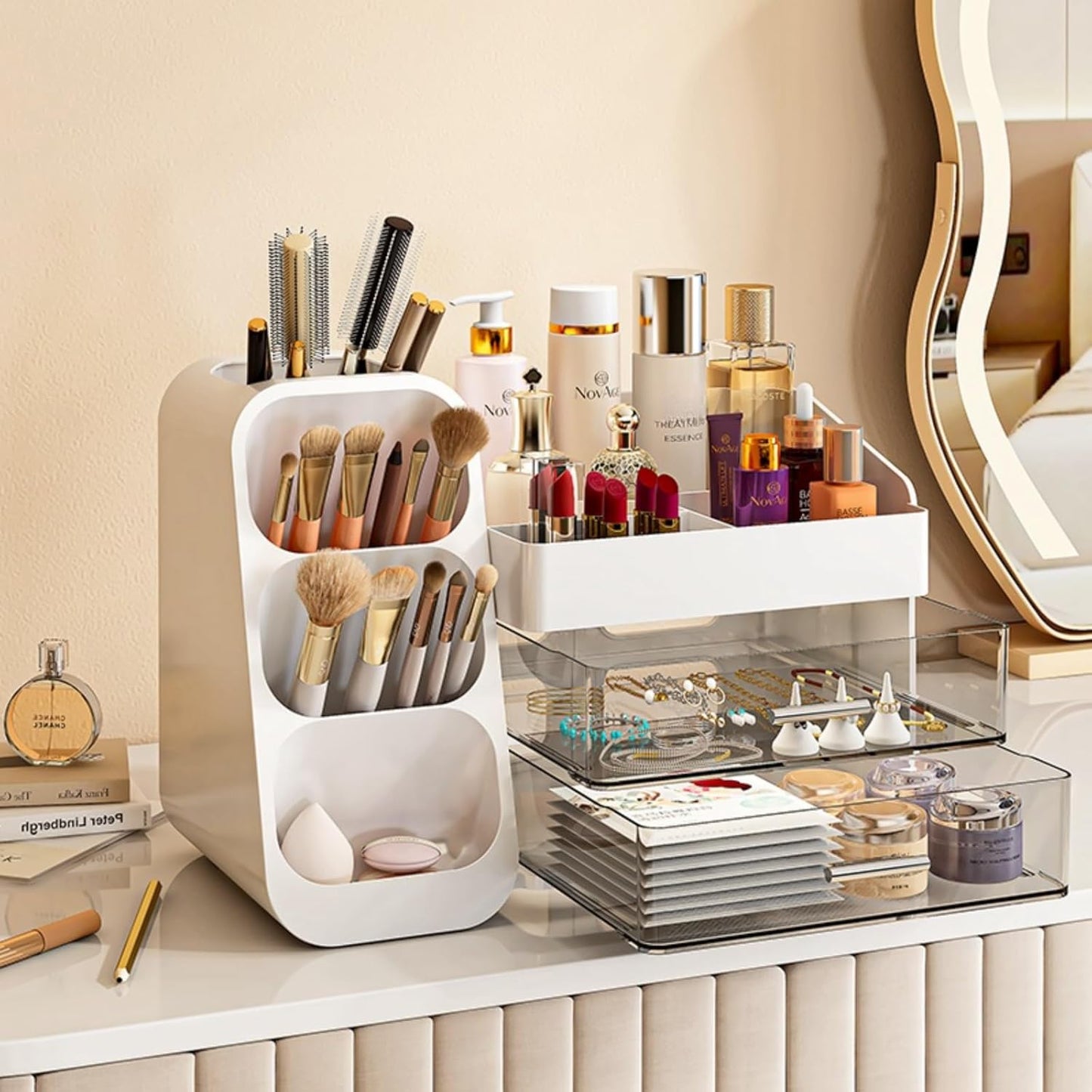 Makeup Organizer with Drawers,Large Capacity Countertop Organizer for Vanity,Bathroom and Bedroom Desk Cosmetics Organizer,Easy To Storage Skincare,Brushes,Lotions,Lipstick (White)