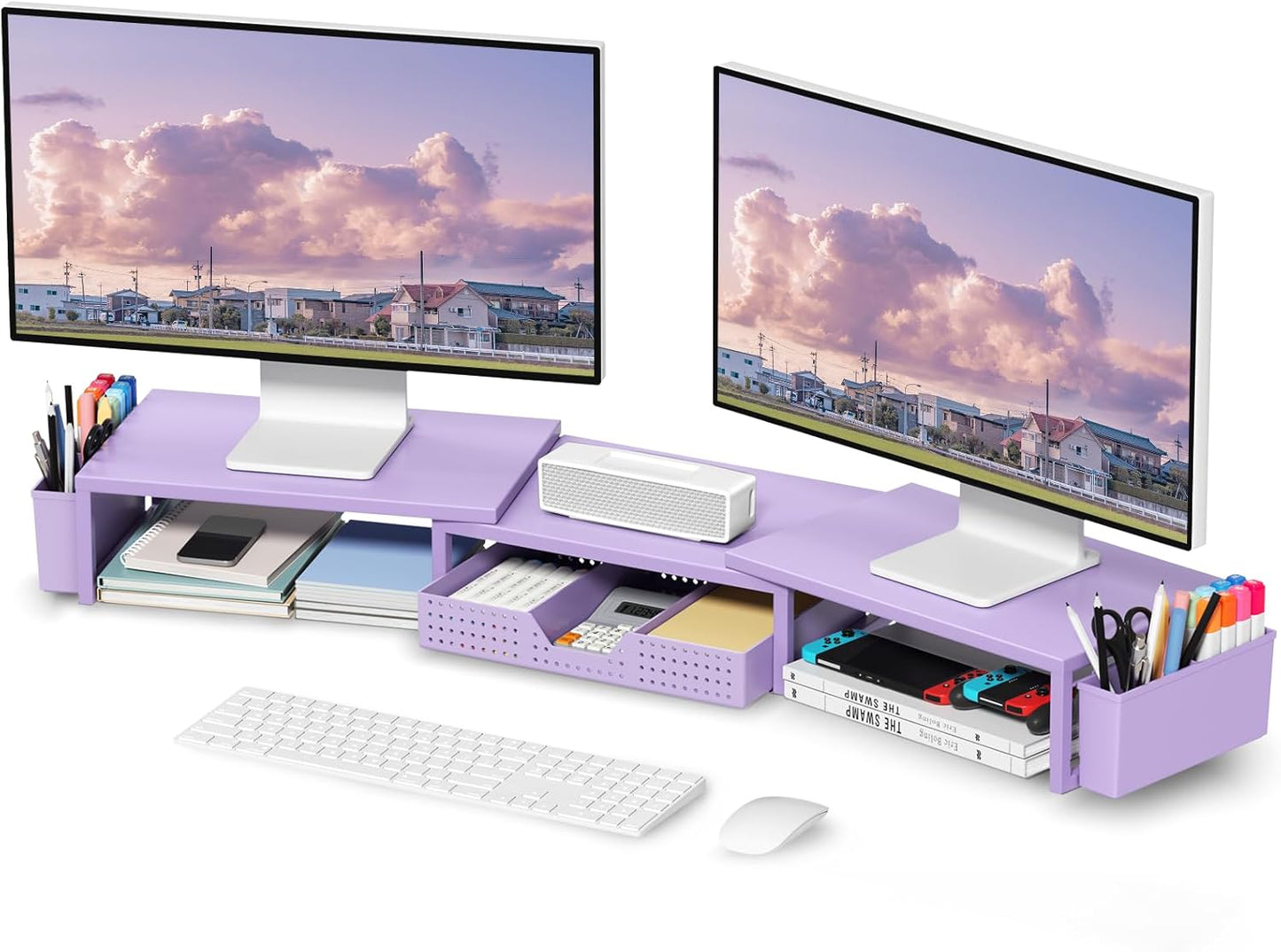 OPNICE Purple Desk Organizers and Accessories, Dual Computer Monitor Stand Riser with Drawer and 2 Pen Holders, Office Desk Accessories, Workspace Desktop Organization for Office Supplies