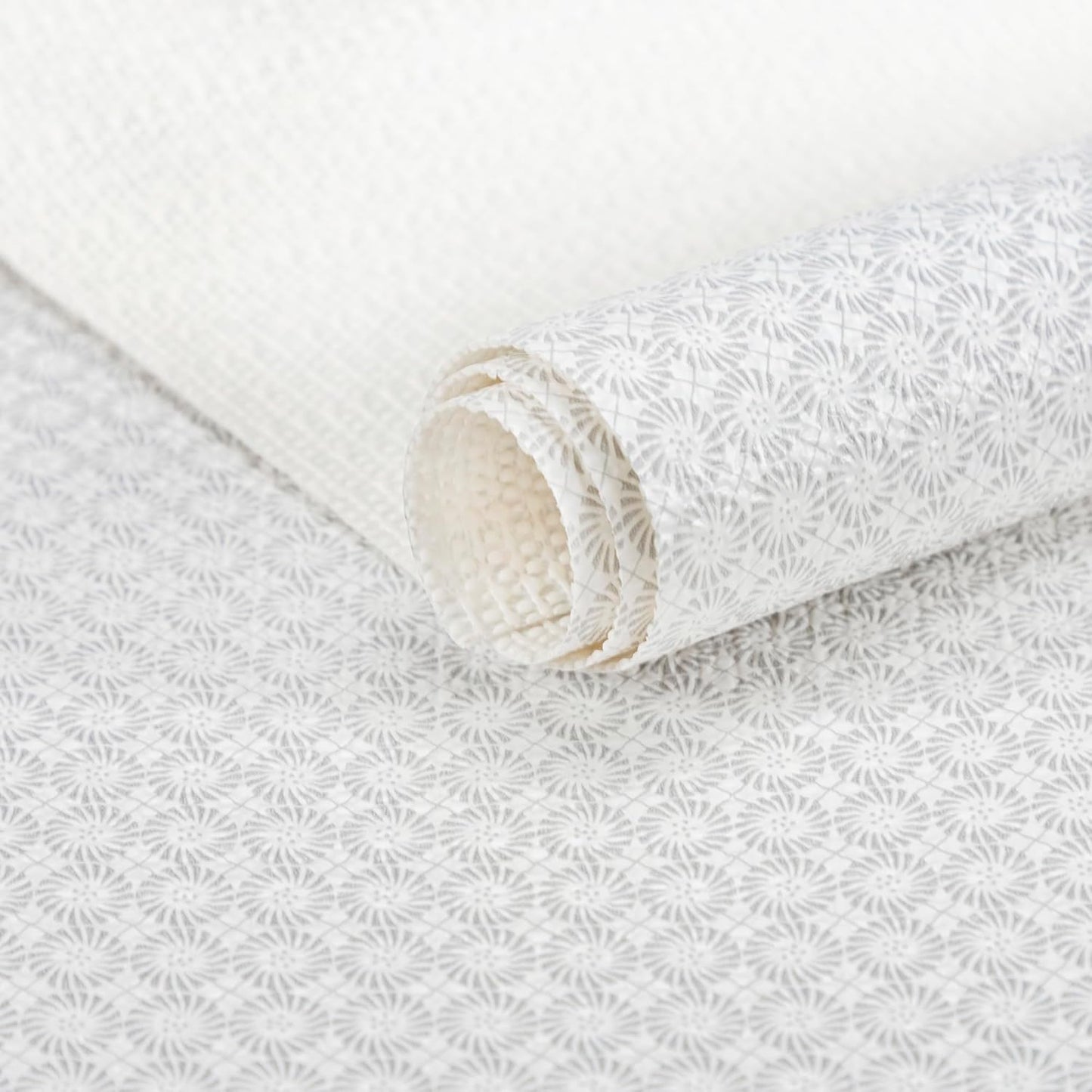 FIFTY FEET 12"x120" Non-Adhesive Shelf Liner for Kitchen Cabinets and Drawers, Washable Non-Slip PVC Cabinet Liner (White Circle)(1 Roll)